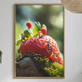a framed photograph of a strawberry with small figurines on top, hanging on a wall above a table with various items on it.