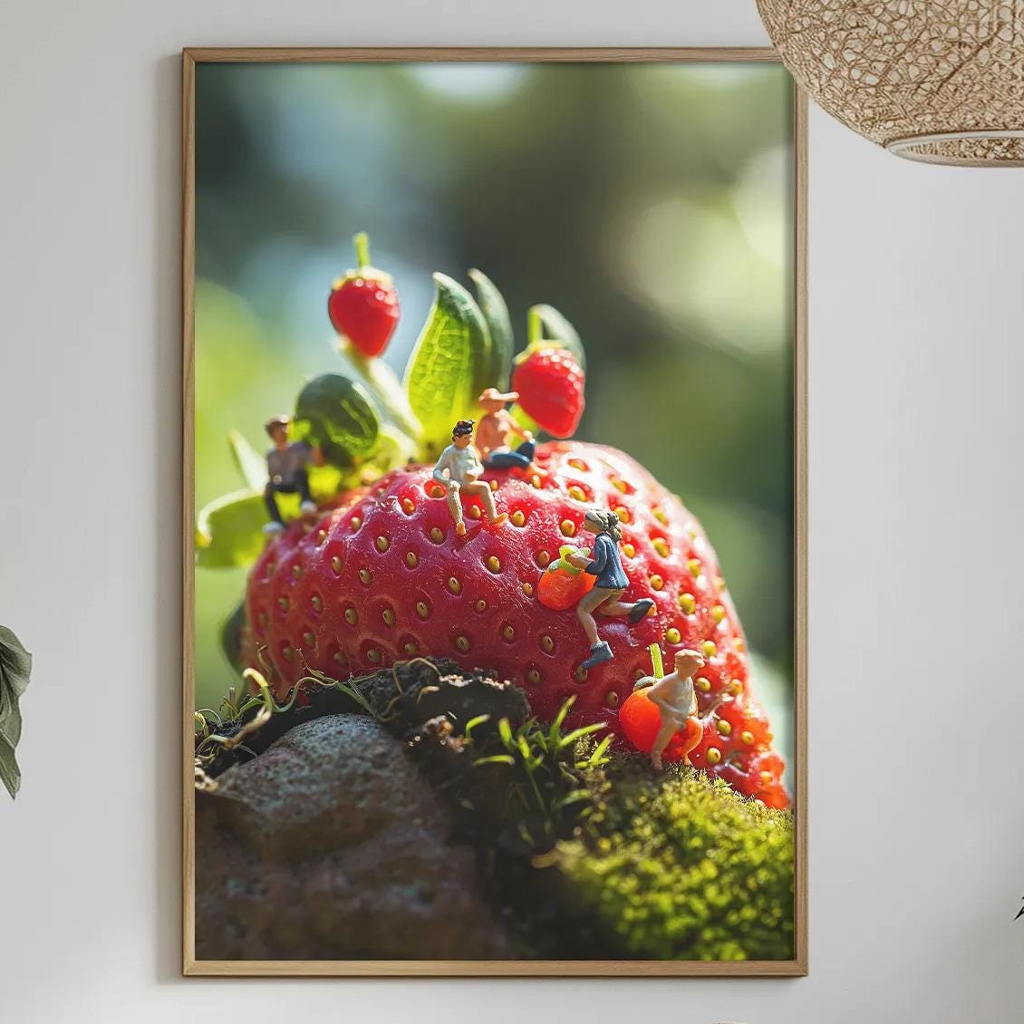 a framed photograph of a strawberry with small figurines on top, hanging on a wall above a table with various items on it.
