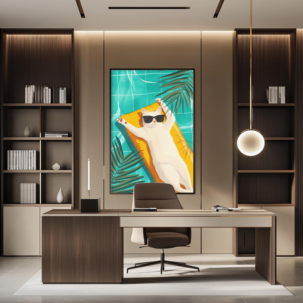 a modern office space with a large framed picture of a cat lounging on a beach towel as the focal point. The office has a wooden desk, a comfortable chair, and a bookshelf filled with books and decorative items. The overall design and decor create a relaxed and inviting atmosphere.