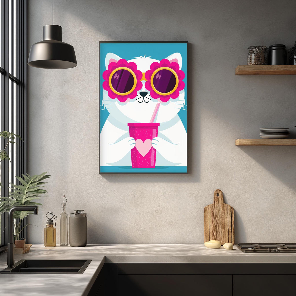 A framed illustration of a cat wearing sunglasses and holding a pink drink is displayed on the wall above a kitchen counter.