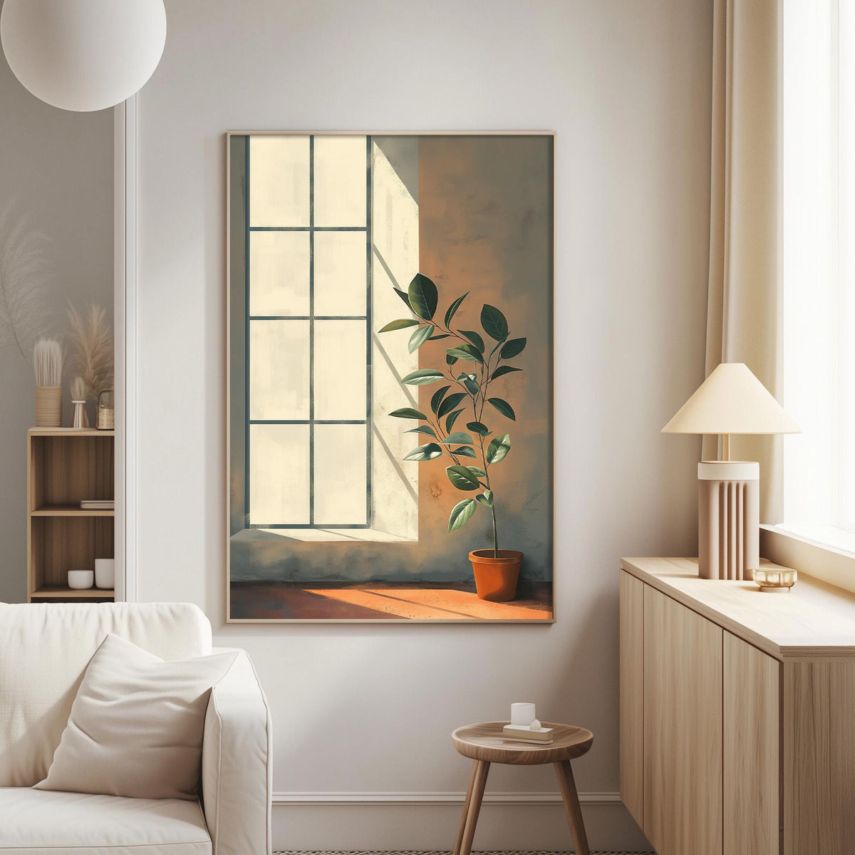 a serene living room with a large window that allows natural light to fill the space. A potted plant sits on a windowsill, adding a touch of greenery to the room. The room is furnished with a white sofa and a wooden side table, creating a cozy and inviting atmosphere.