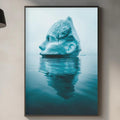 a large framed photograph of an iceberg floating in the ocean, with a wooden cutting board and other kitchen items visible on the countertop below.