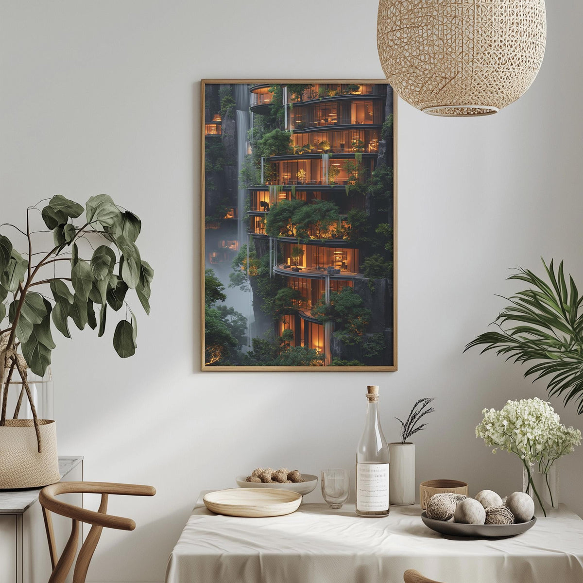 a dining table with a white tablecloth, a bottle, a bowl, and a vase with flowers. Above the table, there is a framed picture of a building with a waterfall, and a hanging light fixture.
