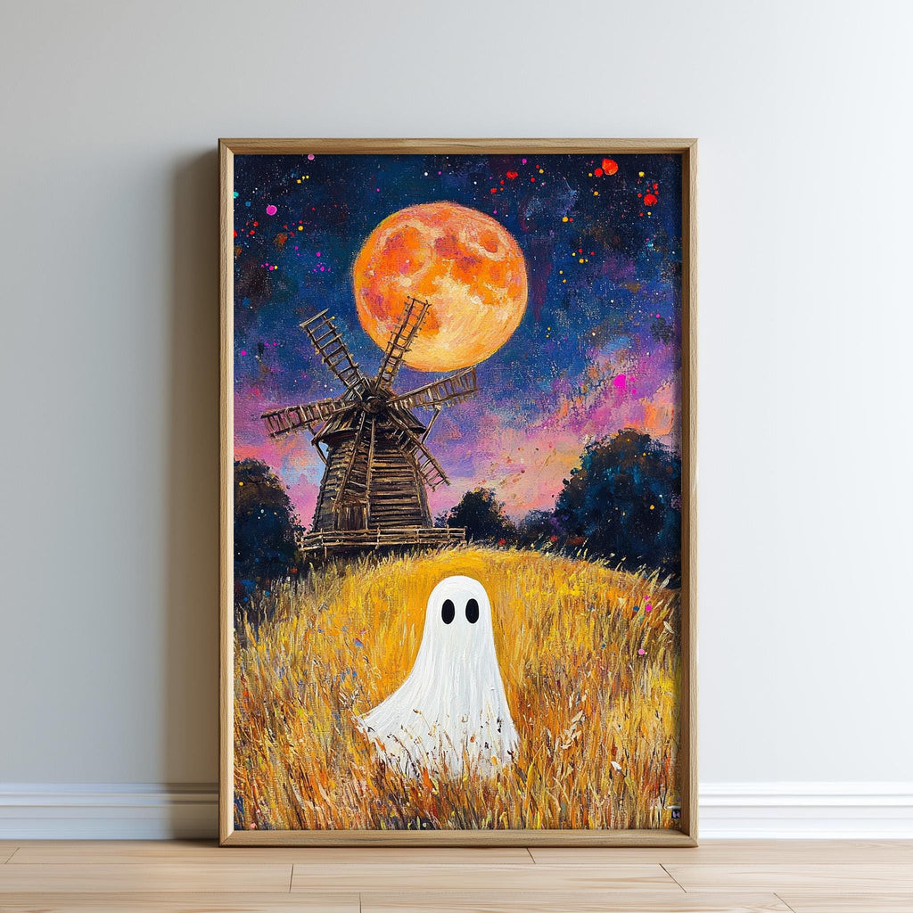 The image is a painting depicting a ghost standing in a field with a windmill in the background, under a large, bright orange moon.