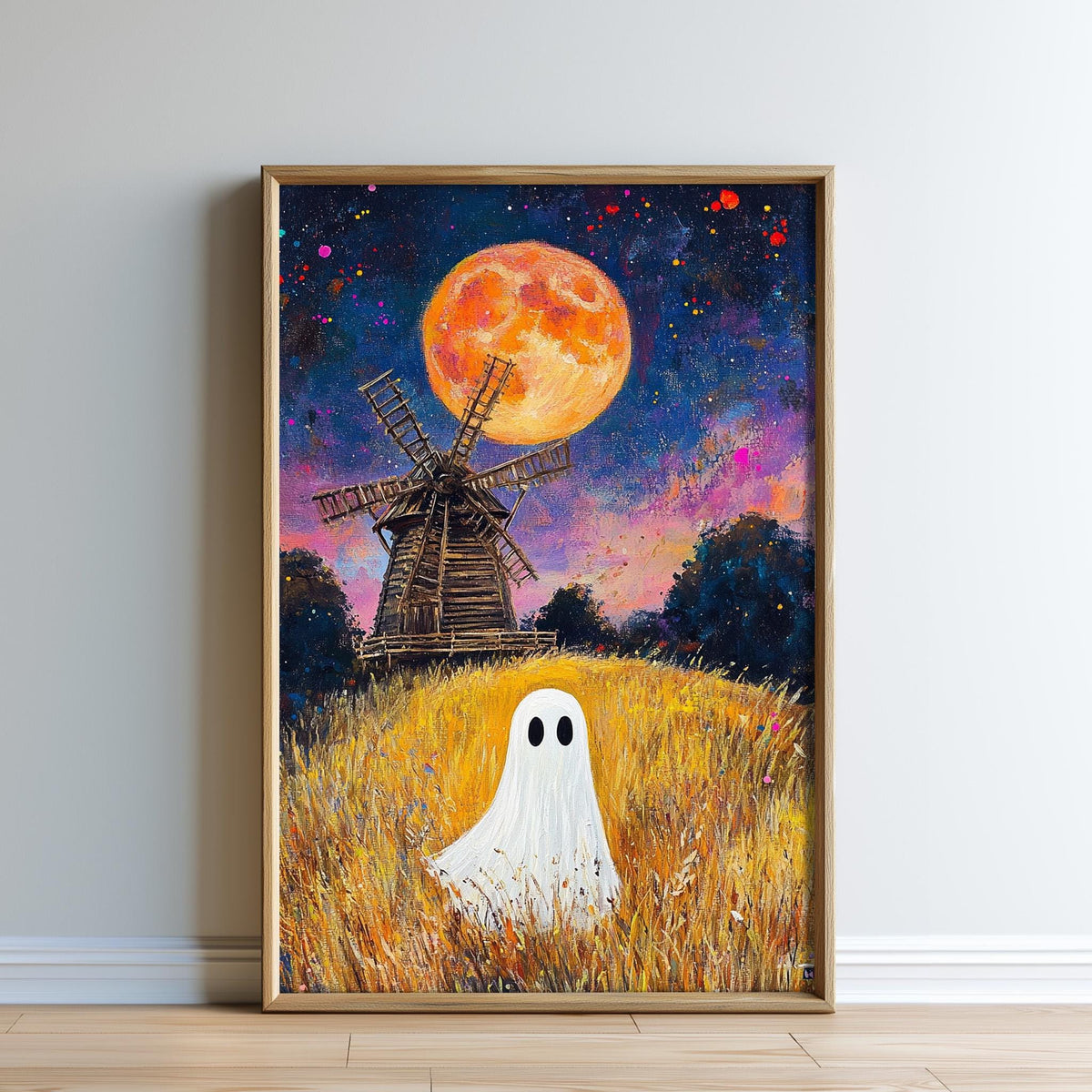 The image is a painting depicting a ghost standing in a field with a windmill in the background, under a large, bright orange moon.