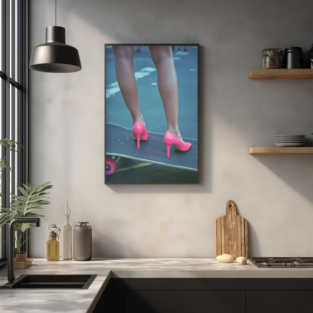 a framed photograph of a person's feet wearing pink high heels, standing on a skateboard.