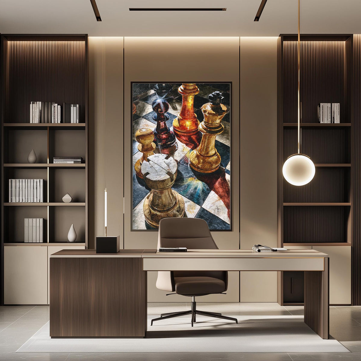 a modern office space with a large painting of chess pieces on the wall, a wooden desk with a chair, and built-in bookshelves.