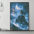 a large, colorful painting of a mermaid sitting on a rock, surrounded by a night sky with a crescent moon and stars. The painting is hanging on a wall above a gray couch, which has a coffee table in front of it. The room also includes a shelf with various decorative items, and a pendant light fixture hanging above the couch.