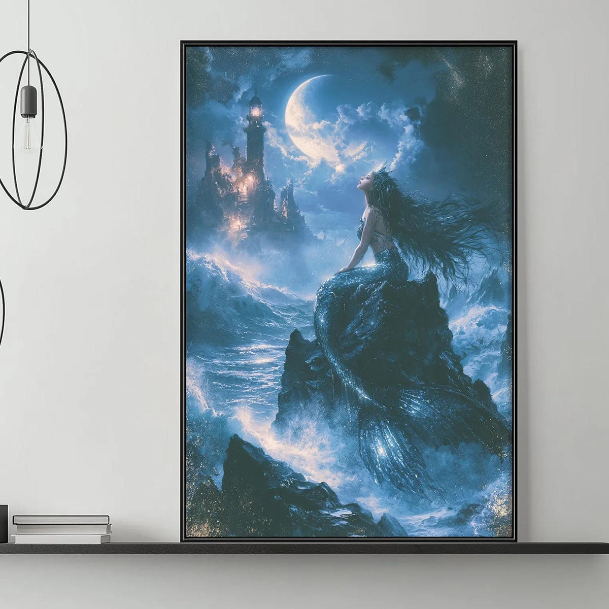 a large, colorful painting of a mermaid sitting on a rock, surrounded by a night sky with a crescent moon and stars. The painting is hanging on a wall above a gray couch, which has a coffee table in front of it. The room also includes a shelf with various decorative items, and a pendant light fixture hanging above the couch.