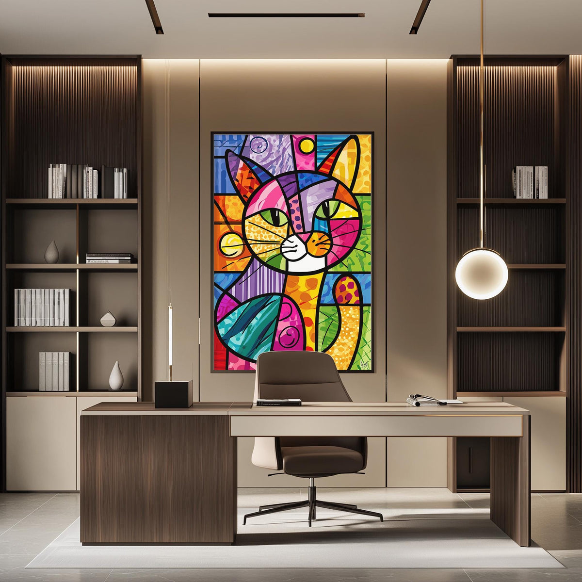a modern office space with a large, colorful abstract painting of a cat as the focal point. The painting is displayed on the wall above a wooden desk, which has a chair and a lamp. The office also includes bookshelves and a pendant light, creating a stylish and functional workspace.