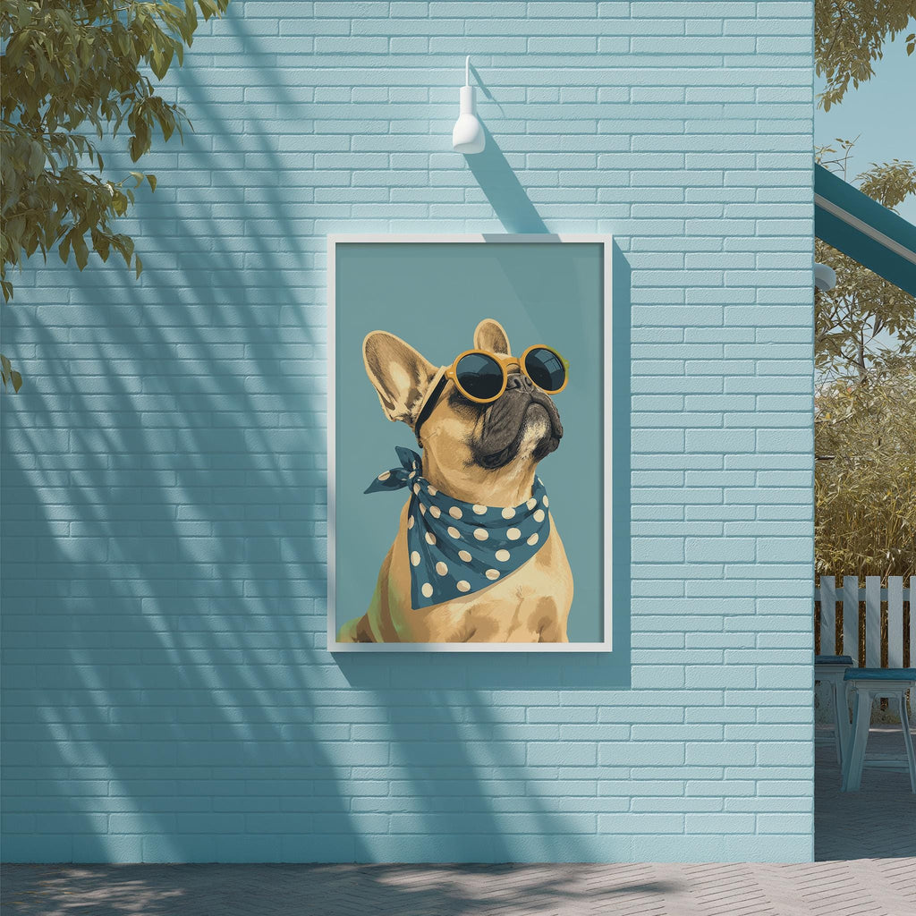 A framed illustration of a dog wearing sunglasses and a polka dot bandana is displayed on a blue brick wall.