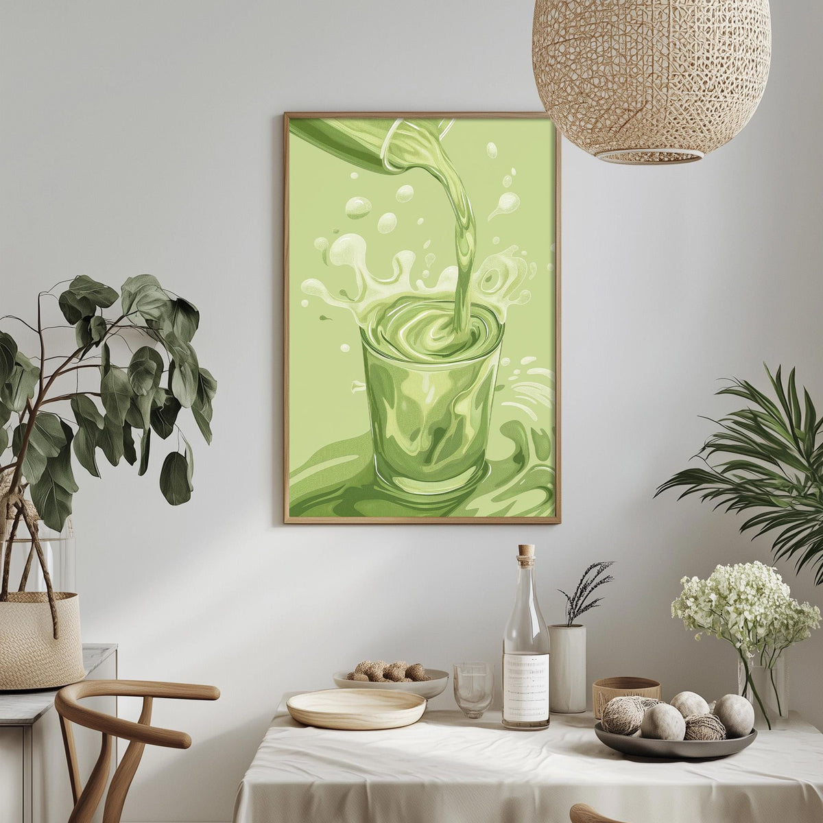 a dining table with a white tablecloth, a bowl of fruit, a bottle, and a vase with flowers. Above the table, there is a framed picture of a green glass with a liquid pouring into it.