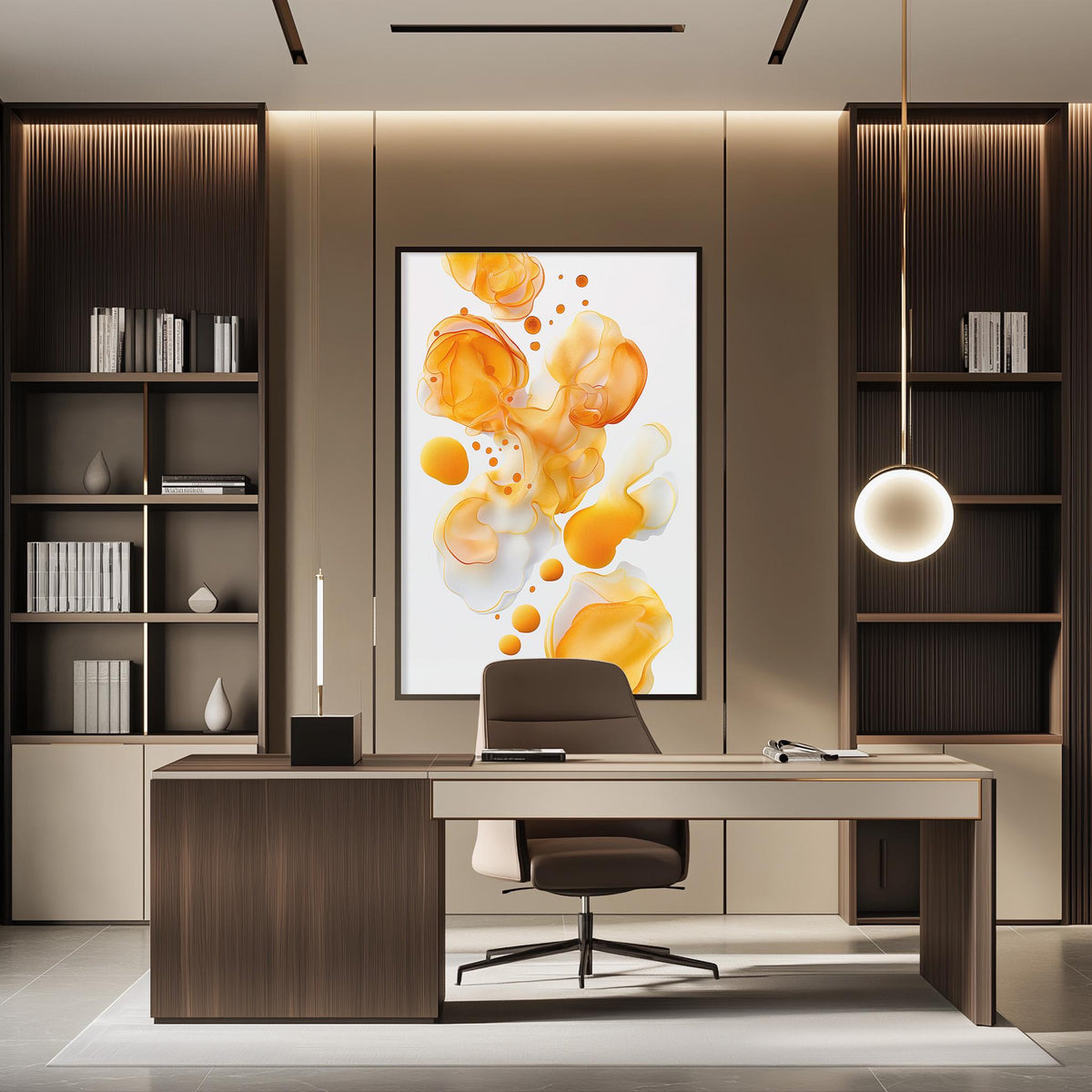 a modern and stylish office space with a large abstract painting featuring orange and yellow circles on the wall. The office features a wooden desk with a chair, a bookshelf, and a pendant light.