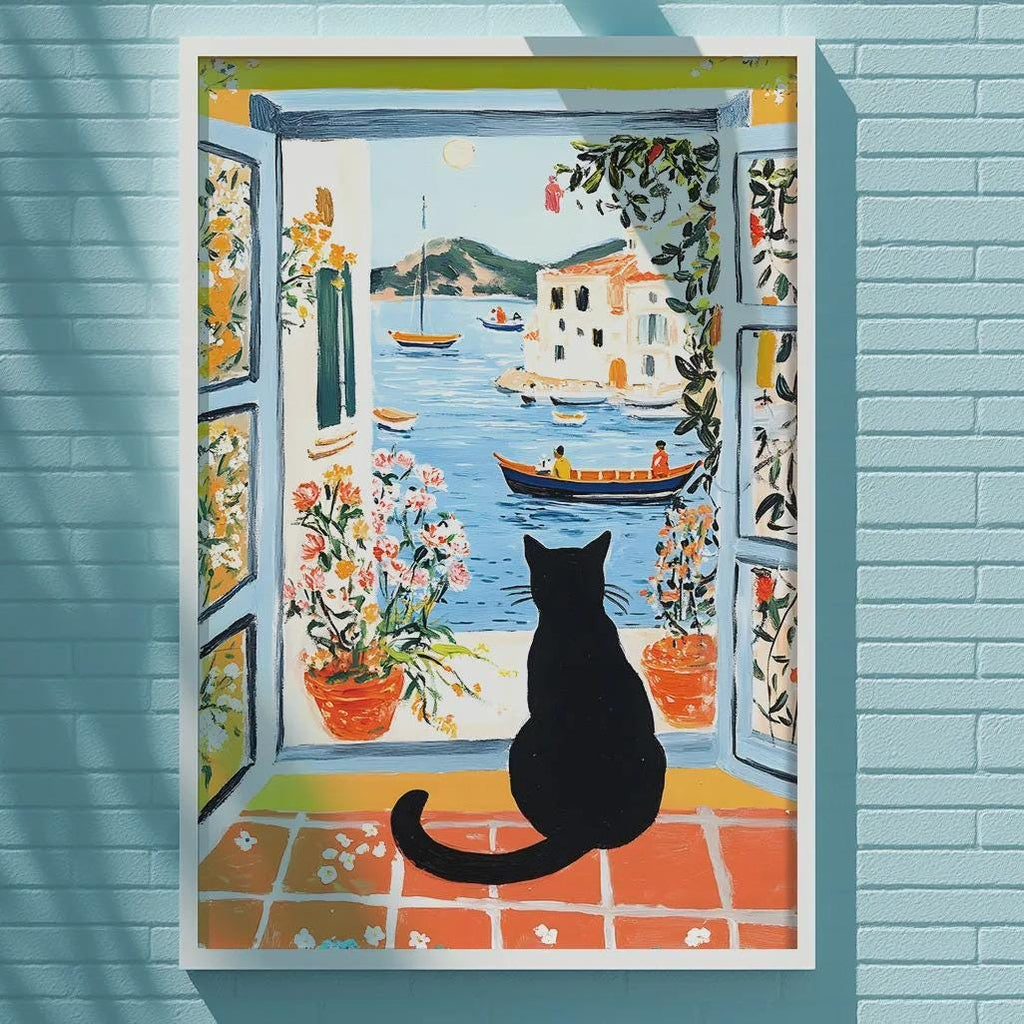 A black cat is sitting on a windowsill, looking out at a colorful painting of a boat and flowers on the wall of a building.