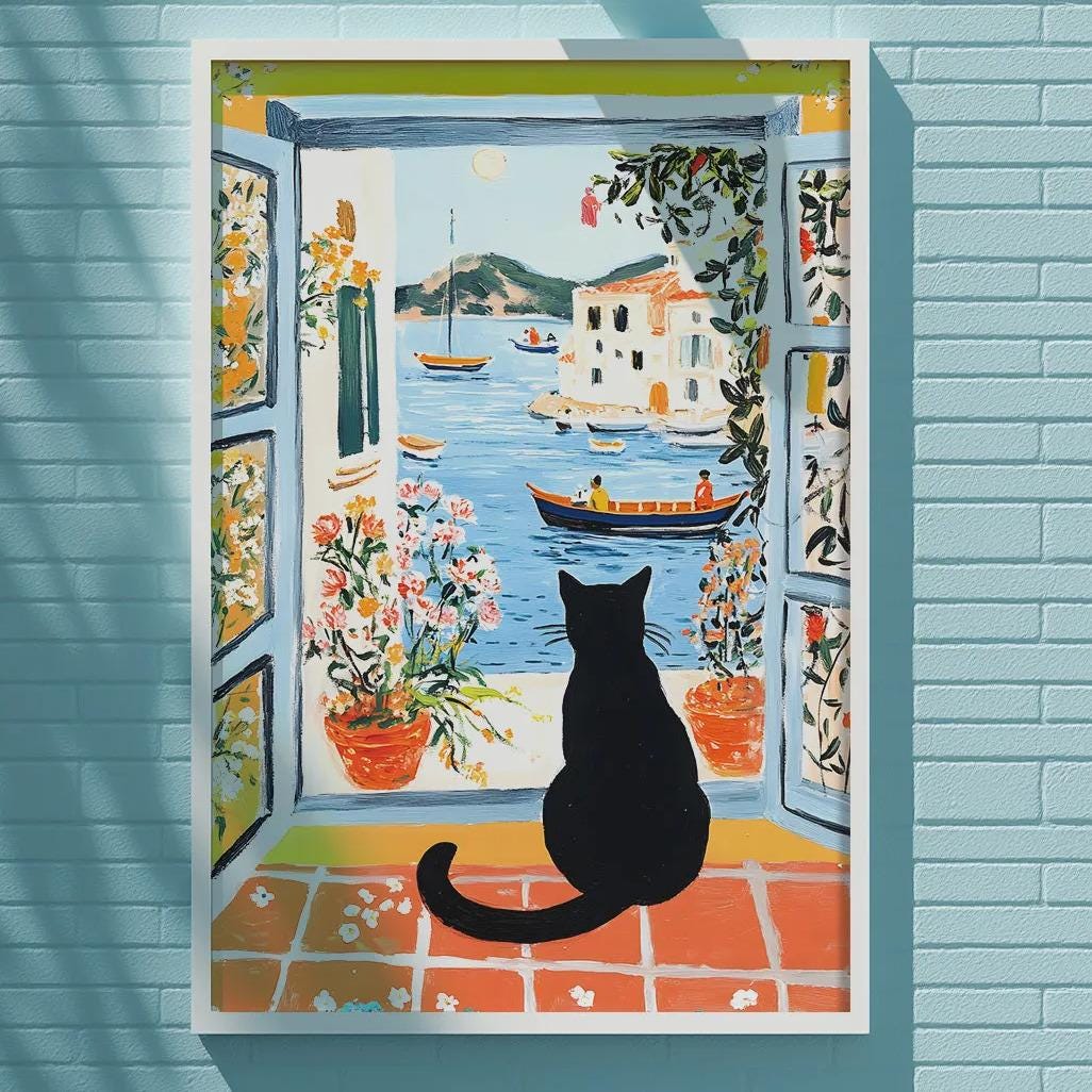 A black cat is sitting on a windowsill, looking out at a colorful painting of a boat and flowers on the wall of a building.