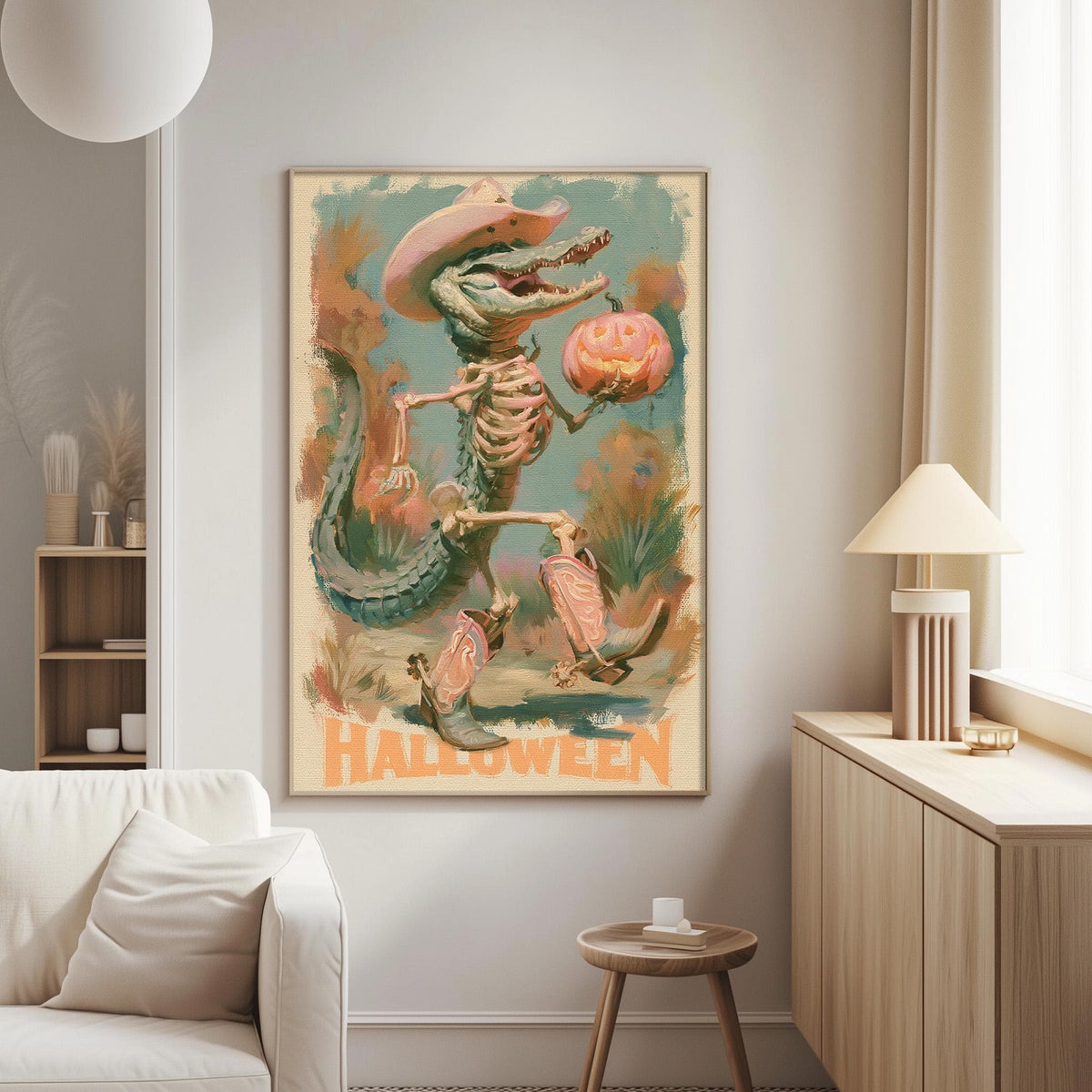 a large, colorful poster of a skeleton holding a pumpkin and a crocodile, with the word "Halloween" written below it. The poster is hanging on a wall in a living room setting, with a white couch and a lamp visible in the background.