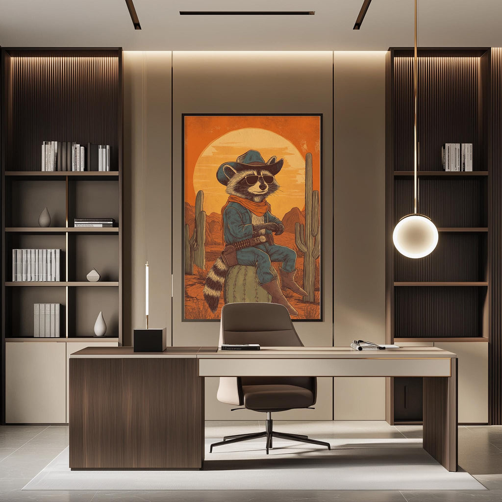 a modern office space with a large framed illustration of a raccoon dressed as a cowboy, sitting on a cactus and holding a gun, as the focal point of the room.