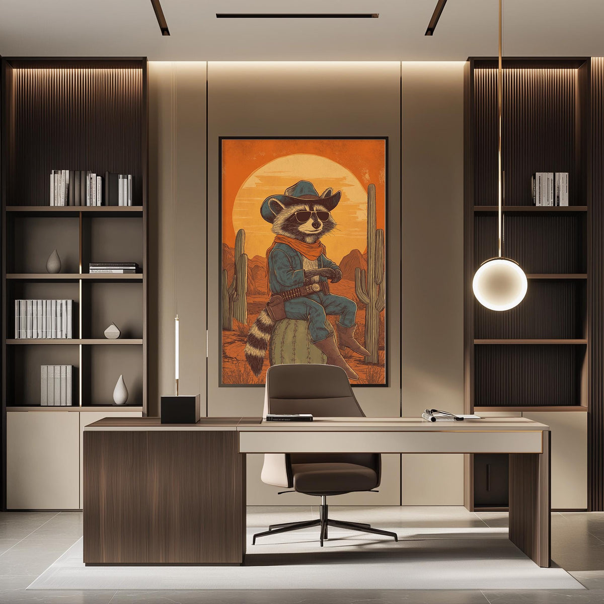 a modern office space with a large framed illustration of a raccoon dressed as a cowboy, sitting on a cactus and holding a gun, as the focal point of the room.