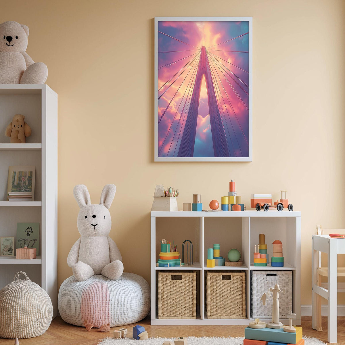 A cozy children's room with a large stuffed bunny, a bookshelf, and a colorful painting of a suspension bridge in the background.