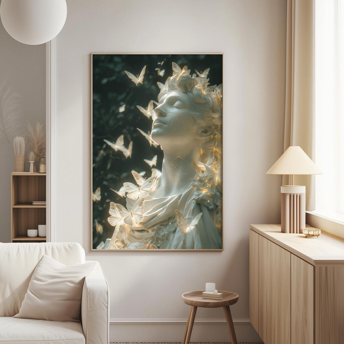 a large framed artwork depicting a statue of a woman with butterflies adorning her hair, set against a dark background. The artwork is displayed on a wall in a living room, with a white sofa and a wooden side table visible in the foreground.