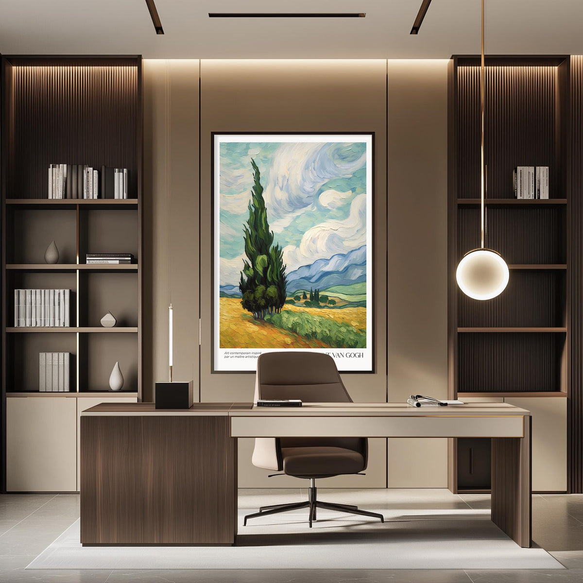 a modern office space with a large painting of a landscape on the wall, a wooden desk with a chair, and a bookshelf filled with books.