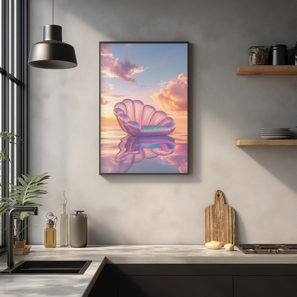 a framed artwork depicting a shell-shaped object floating in a serene, colorful sky, with a calm body of water below.