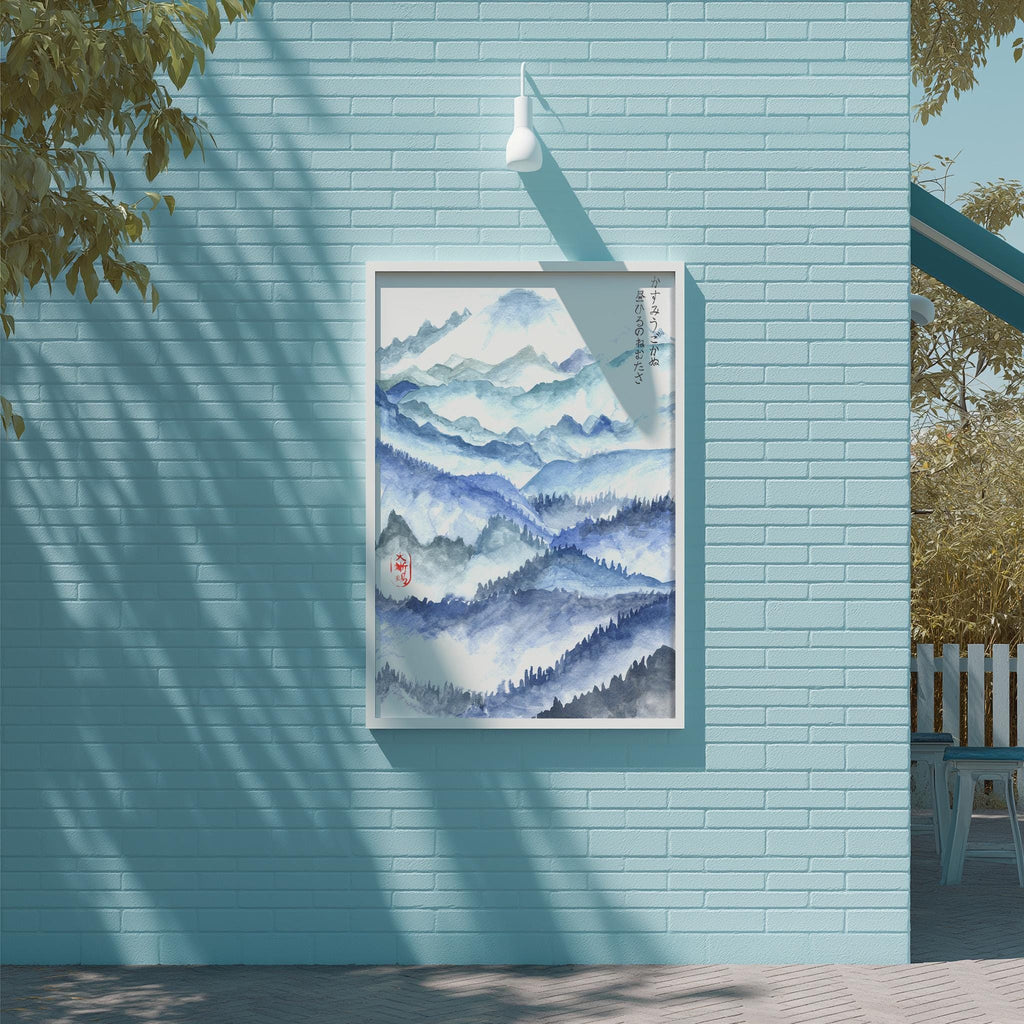 a blue brick wall with a framed painting of a mountain landscape hanging on it.