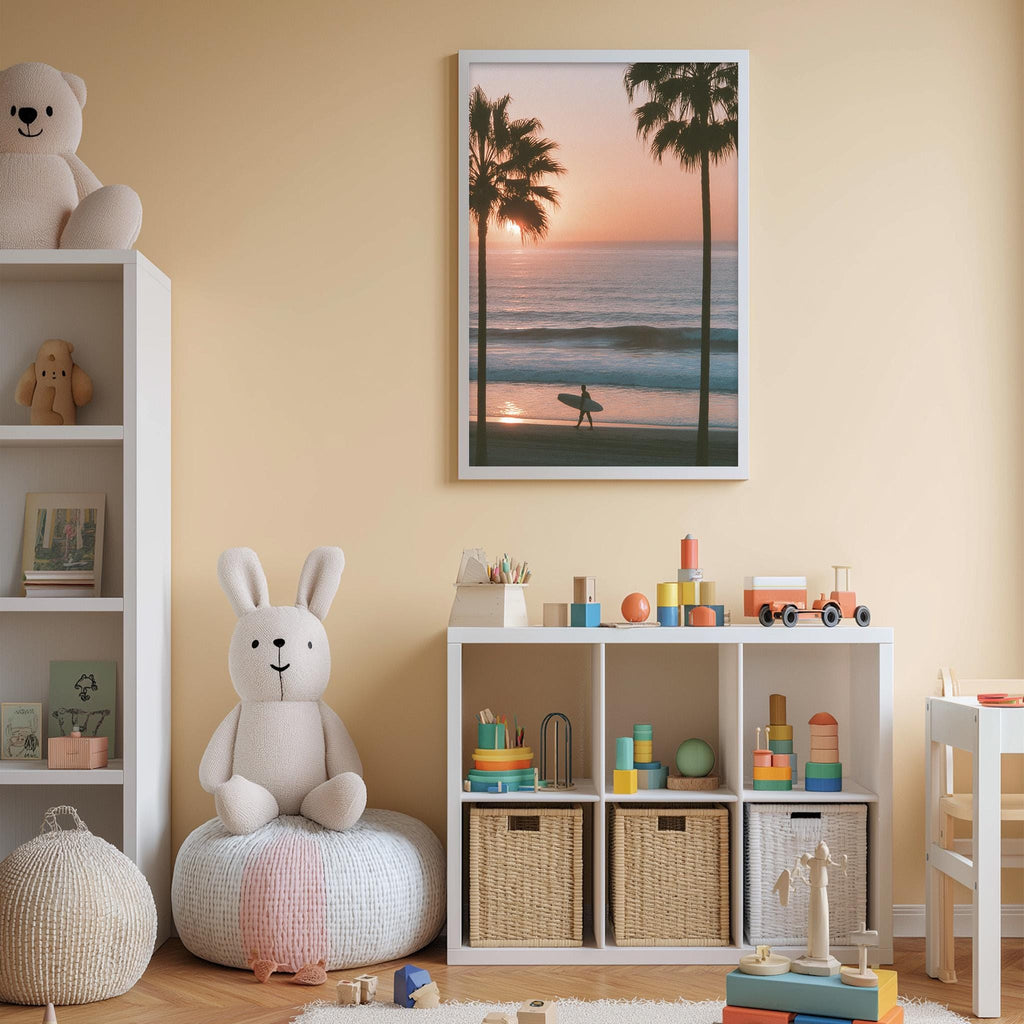 A child's bedroom with a large stuffed bunny, a shelf with toys, and a framed picture of a beach scene with palm trees.
