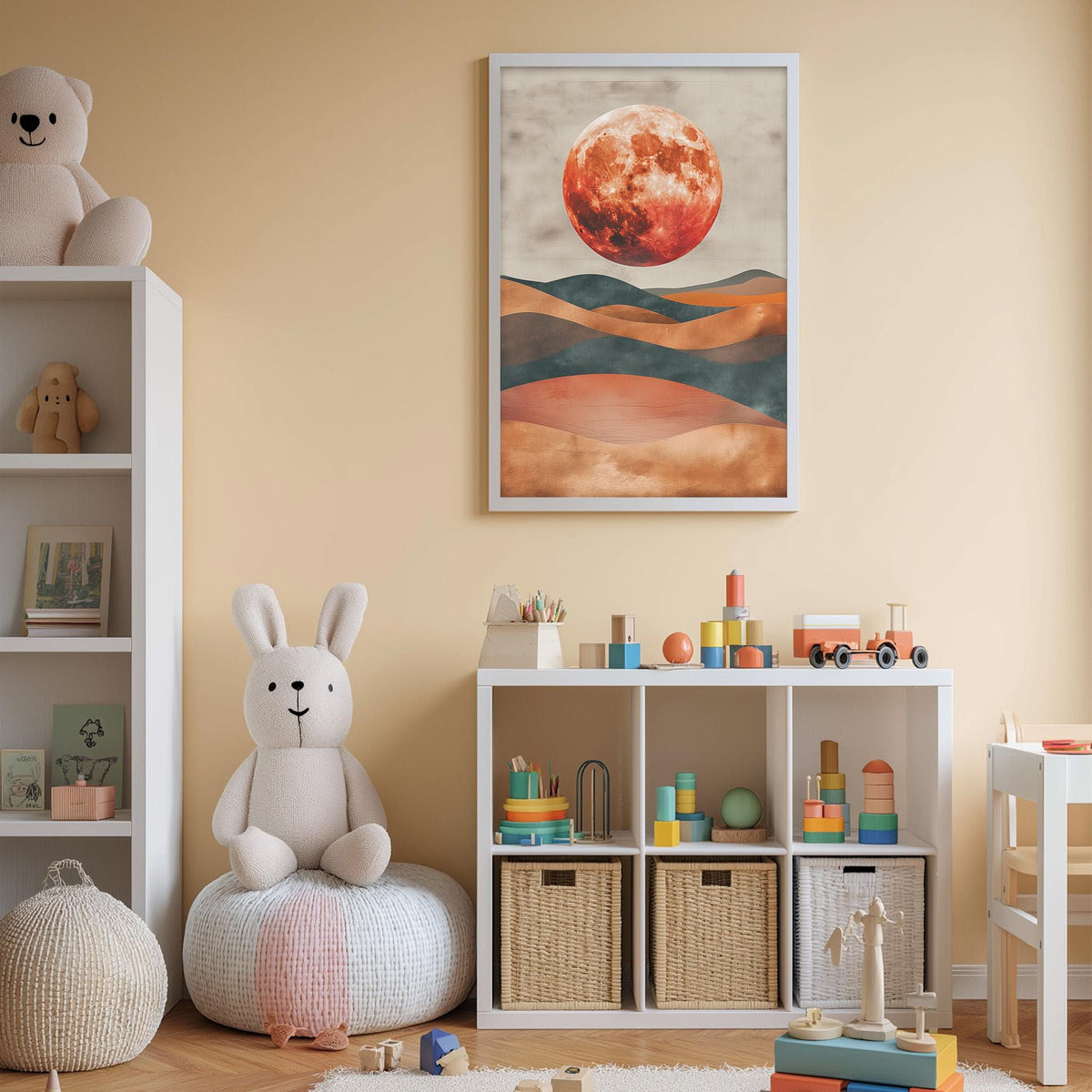 A cozy children's room with a large stuffed bunny, a bookshelf, and a colorful toy box filled with toys. The room has a warm, inviting atmosphere with a large framed picture of a red moon hanging on the wall.