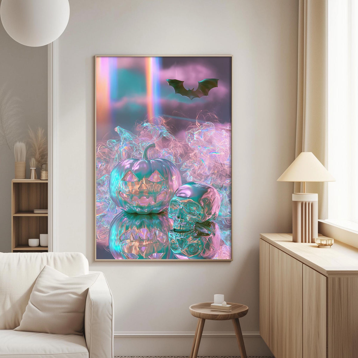 a large, colorful painting of pumpkins and a bat against a purple and blue background, hanging on a wall in a living room.