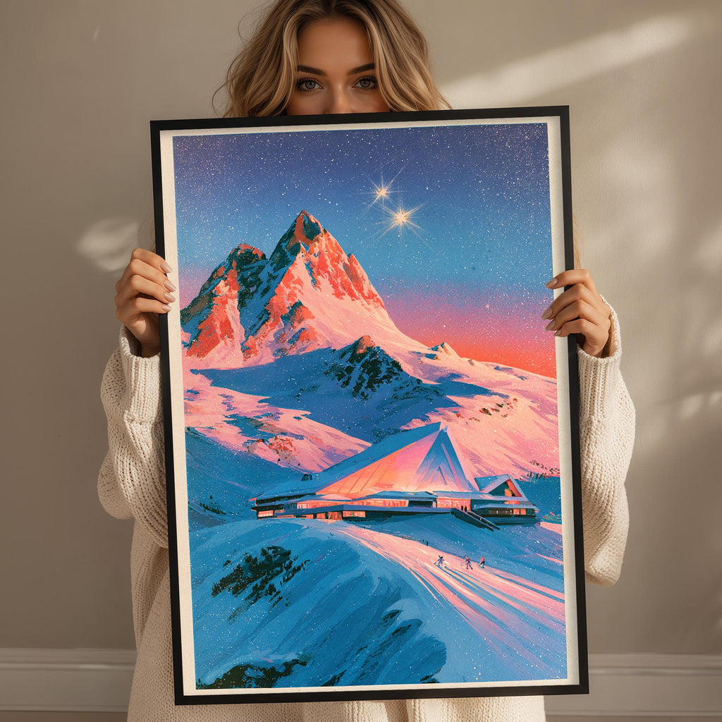 A woman holds up a framed picture of a snowy mountain landscape with a ski lodge in the foreground.