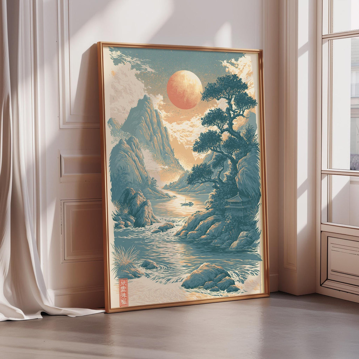 a large framed painting depicting a serene landscape with mountains, a river, and a tree under a large red moon.