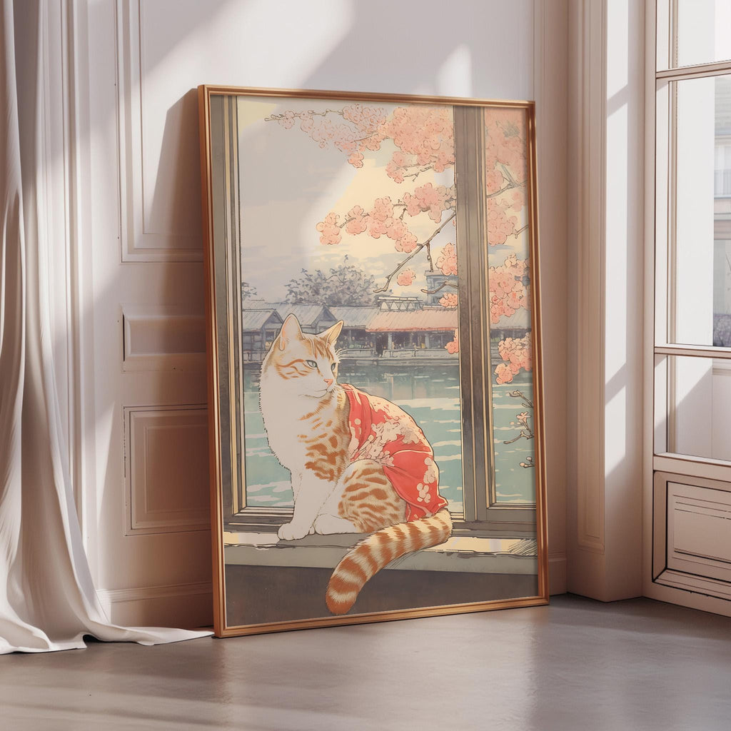 A framed illustration of a cat sitting on a windowsill, with a view of a cherry blossom tree and a building in the background.