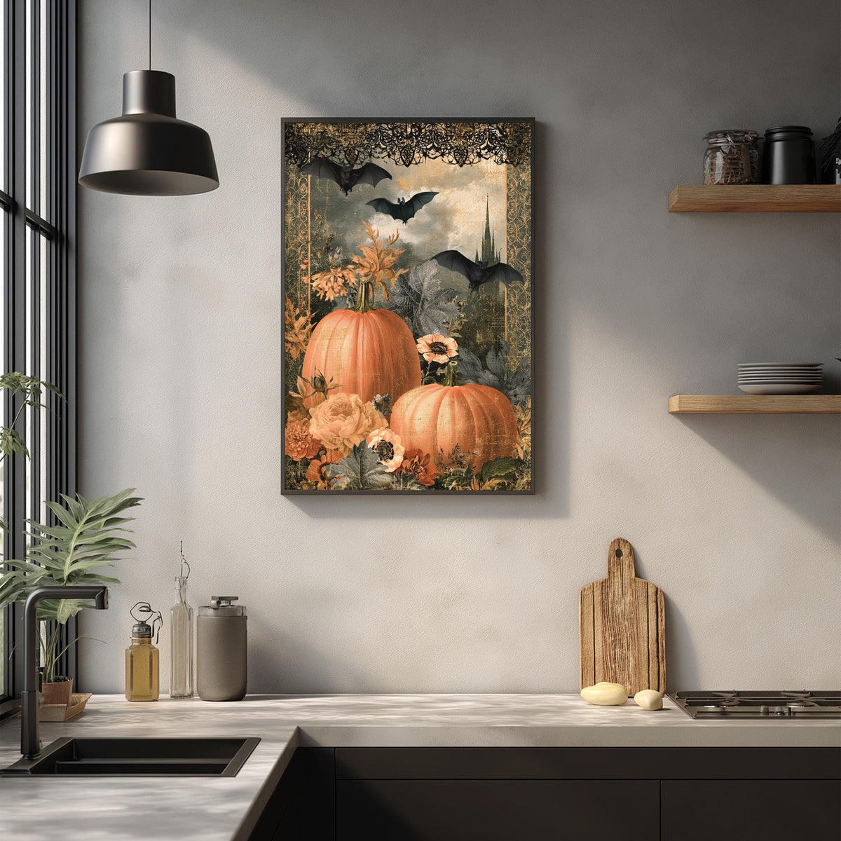a kitchen counter with a framed picture of pumpkins and flowers hanging on the wall above it. The kitchen counter also has various kitchen items such as a cutting board, a knife, and a bottle.