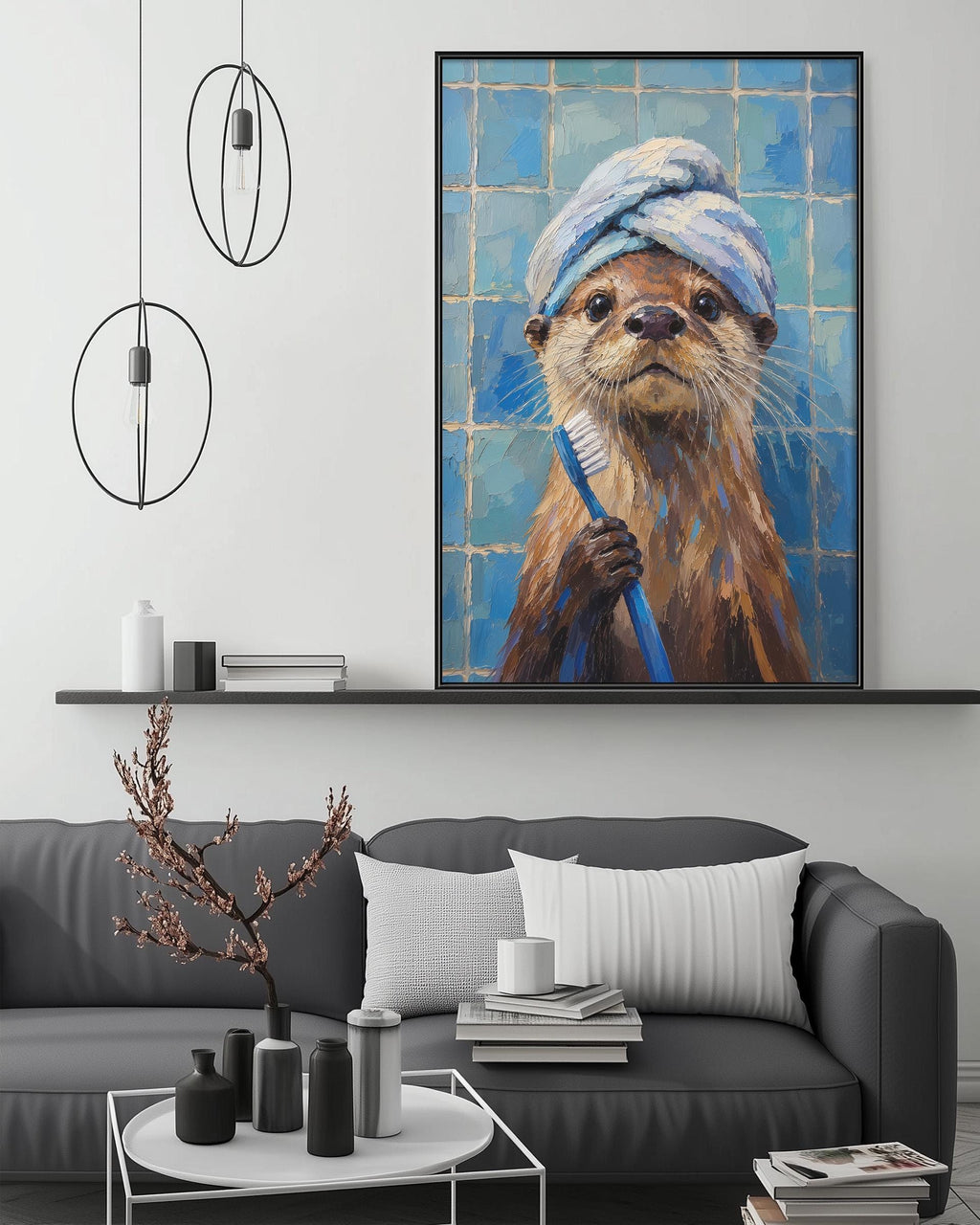 a cozy living room with a gray couch, a coffee table, and a large painting of an otter holding a toothbrush. The painting is hanging on the wall above the couch, creating a unique and playful atmosphere in the room.