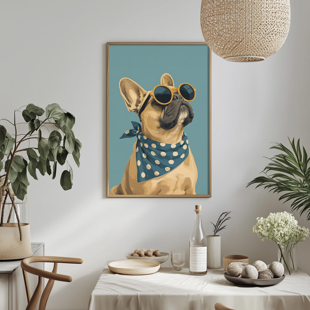 a framed picture of a dog wearing sunglasses, a polka dot bandana, and a blue scarf, hanging on a wall above a dining table with various decorative items and plants.