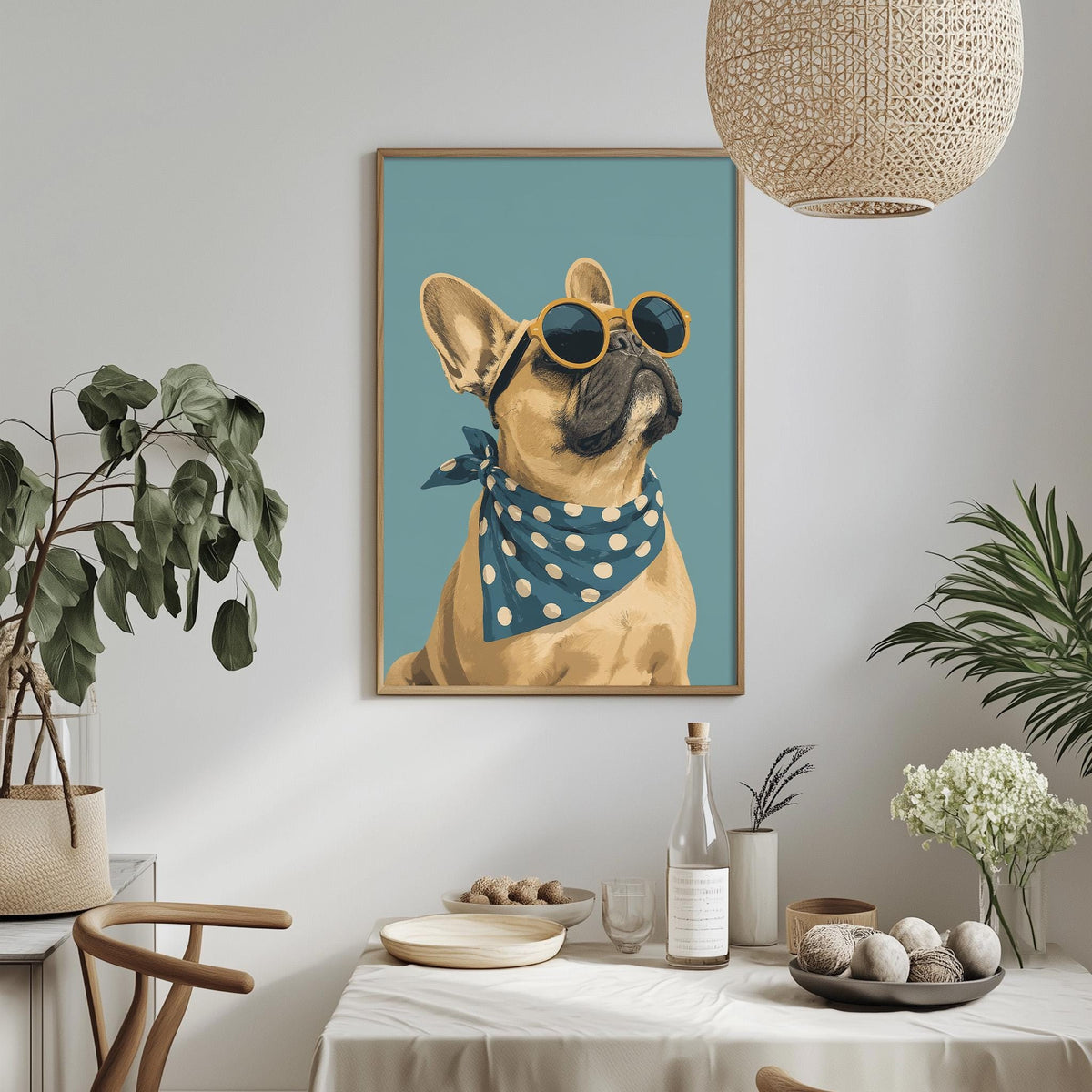 a framed picture of a dog wearing sunglasses, a polka dot bandana, and a blue scarf, hanging on a wall above a dining table with various decorative items and plants.