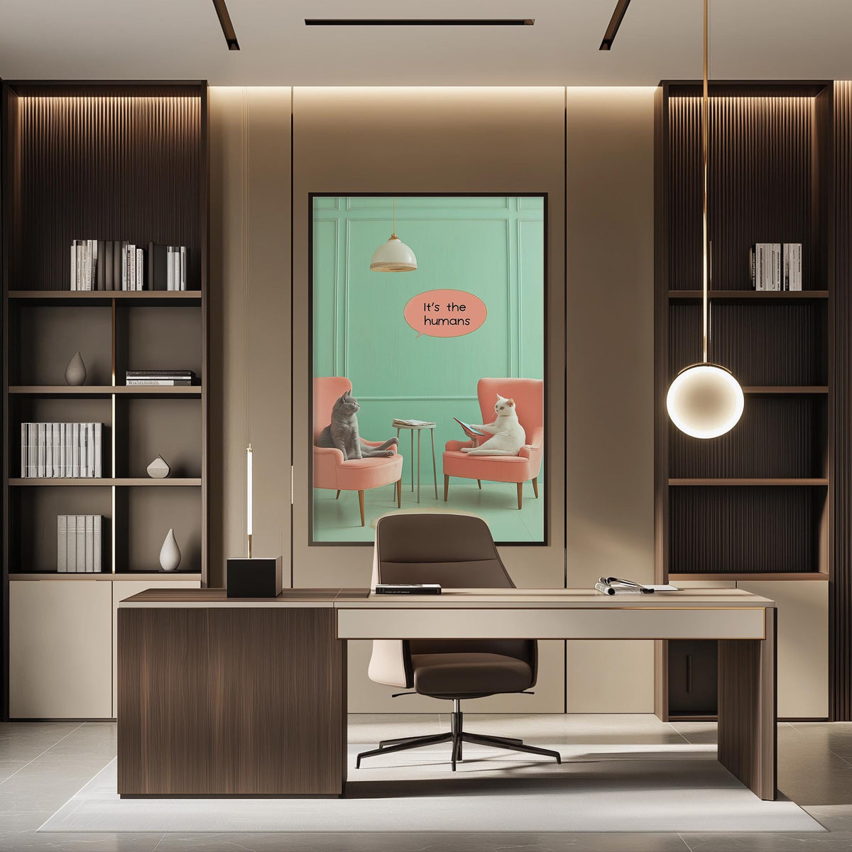 a modern office space with a large framed poster featuring two cats sitting in a pink chair and a white cat sitting in a blue chair, along with the text "It's the human" in the center. The office has a wooden desk, a chair, and a bookshelf filled with books and decorative items.