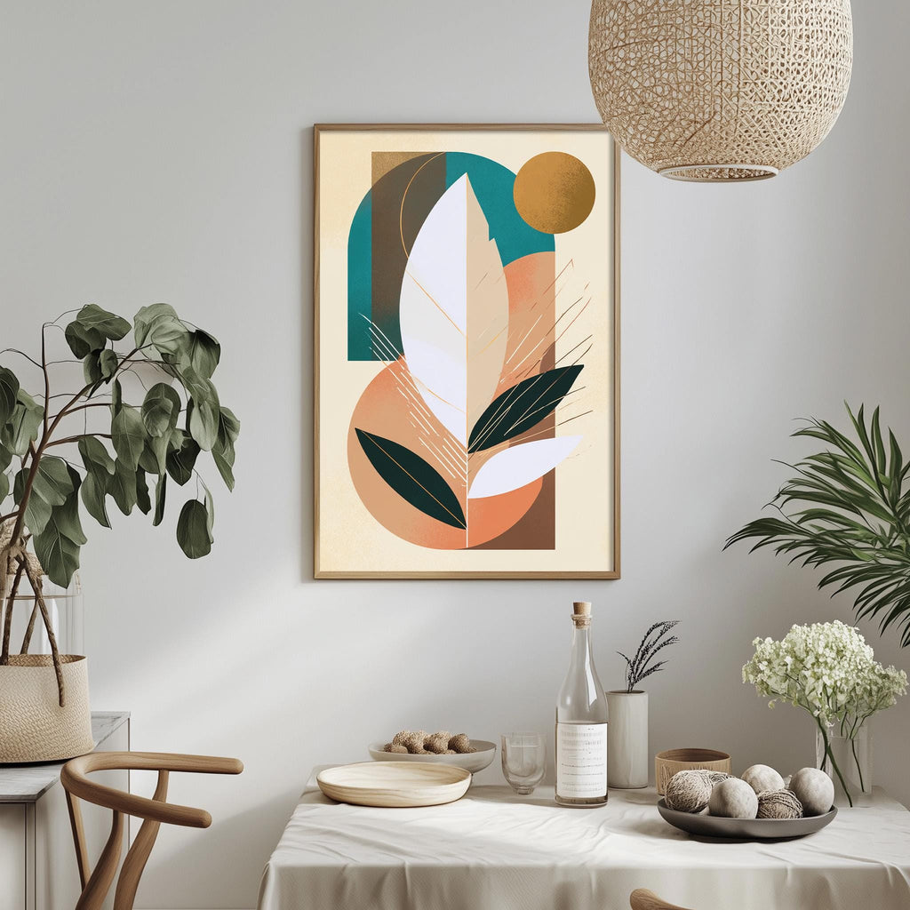 a modern and minimalist dining room with a table set for two, a potted plant, a hanging light fixture, and a framed abstract art piece on the wall.