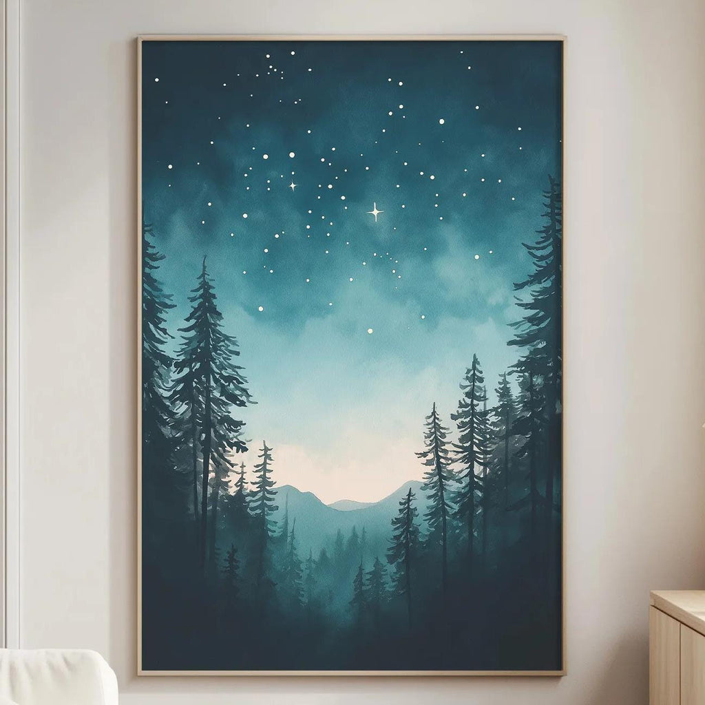 a large framed painting of a forest scene with a starry night sky in the background, hanging on a wall in a living room.