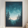 a large framed painting of a forest scene with a starry night sky in the background, hanging on a wall in a living room.