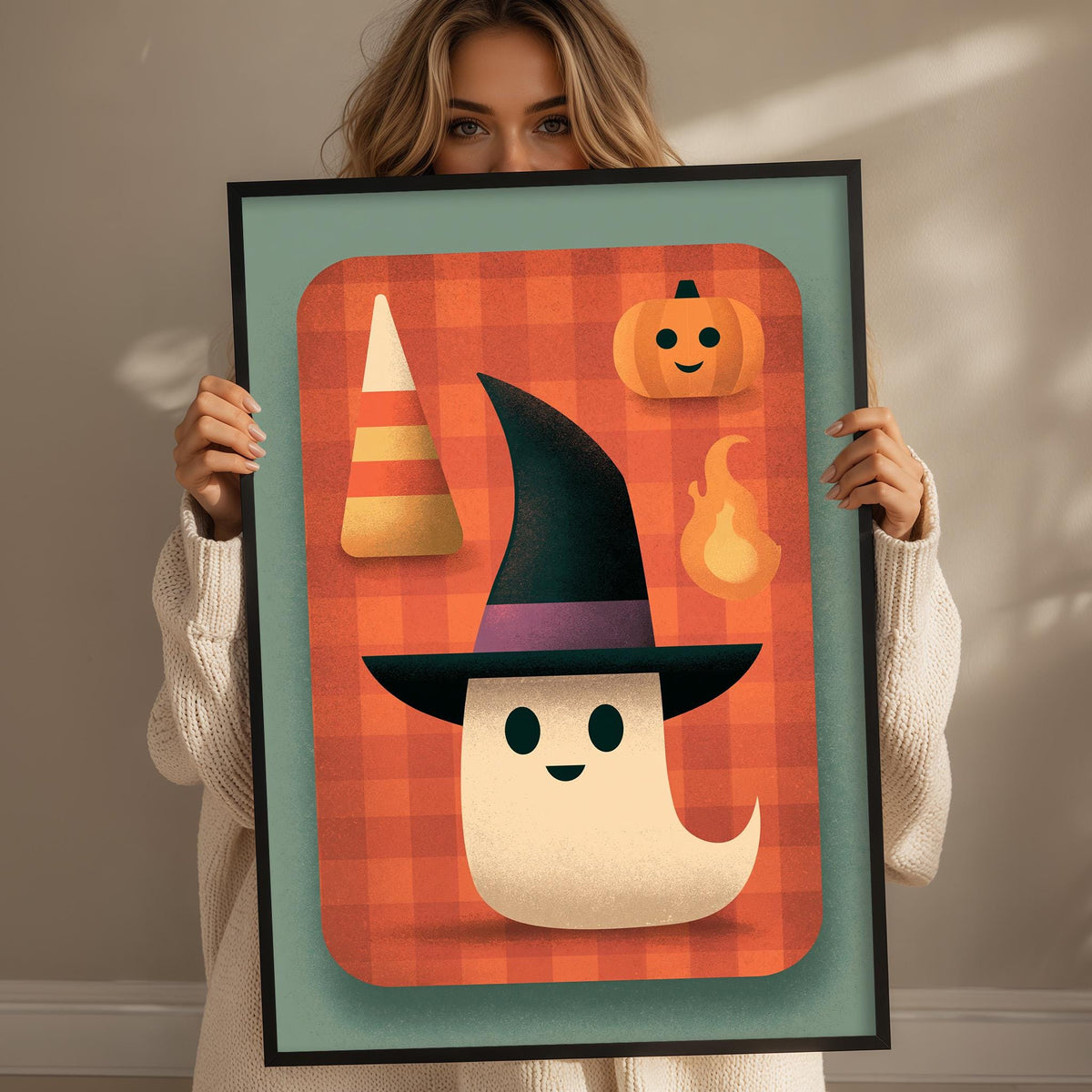 A woman is holding up a framed poster featuring a cartoon ghost wearing a witch's hat and surrounded by Halloween-themed objects such as a pumpkin, a cone, and a flame.