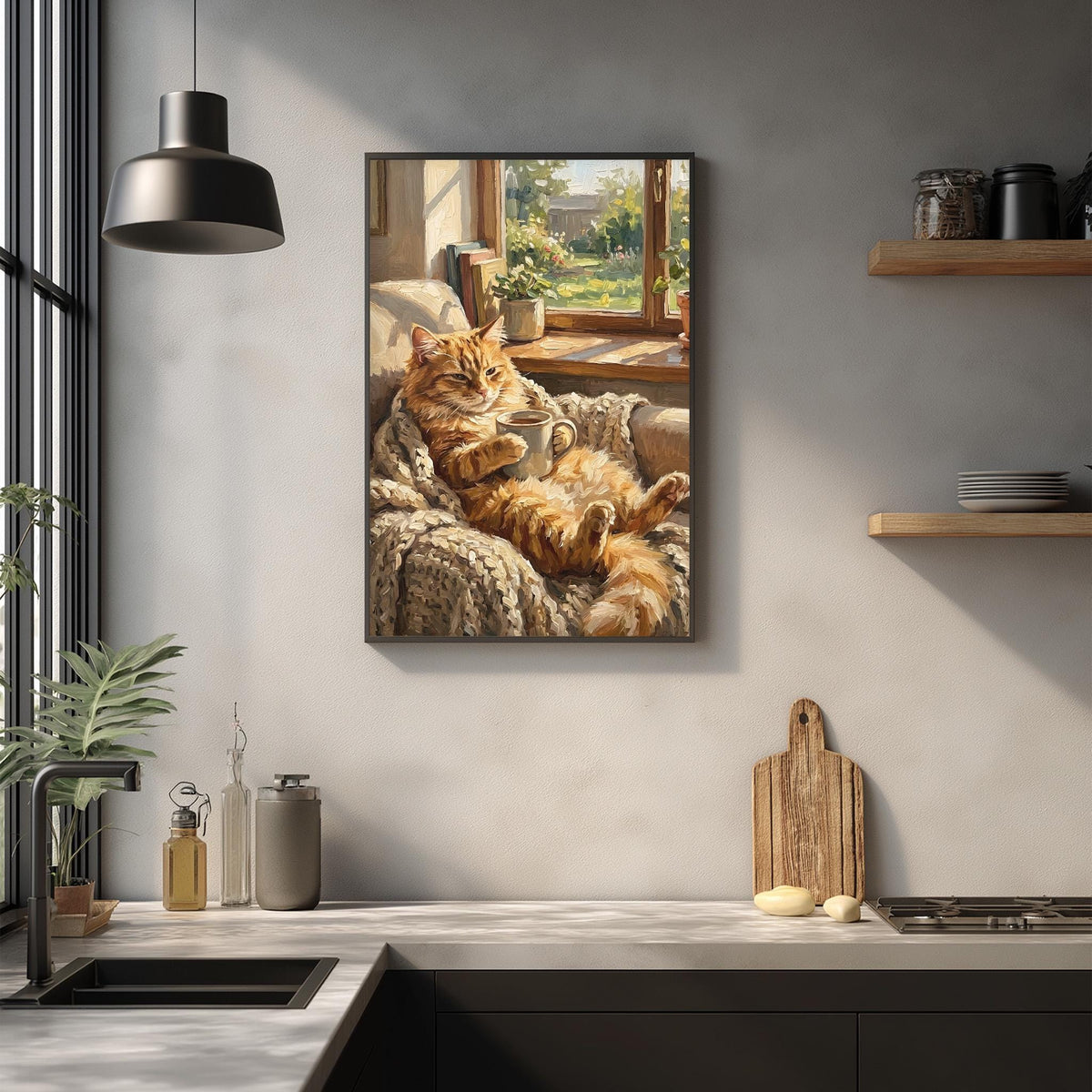 A framed painting of a cat lounging on a couch, with a window and greenery visible in the background, hangs on a wall in a modern kitchen.