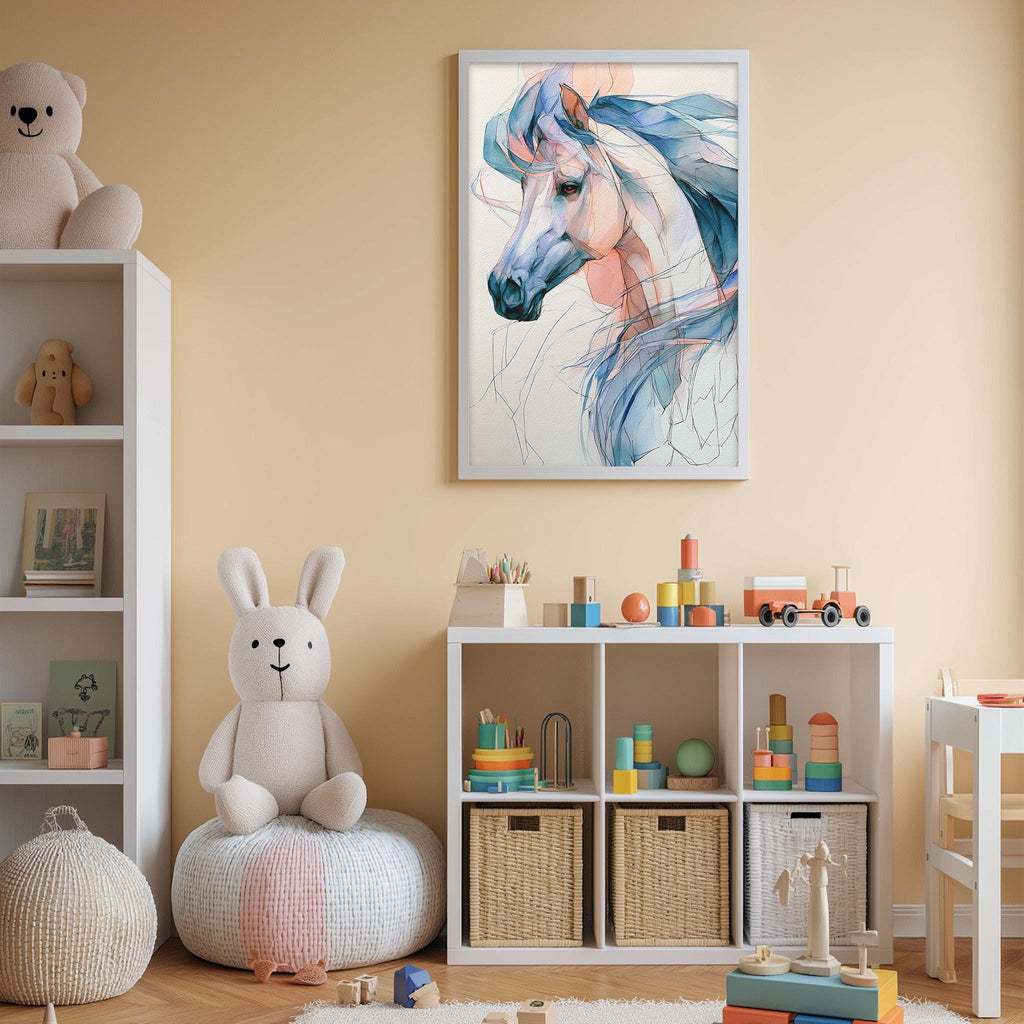 A child's bedroom with a white bookshelf, a stuffed rabbit, a colorful painting of a horse, and various toys and storage bins.