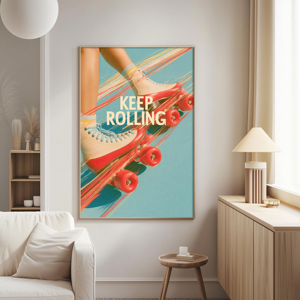 a poster with a skateboard and the text "KEEP ROTTING" displayed on a wall in a living room setting.