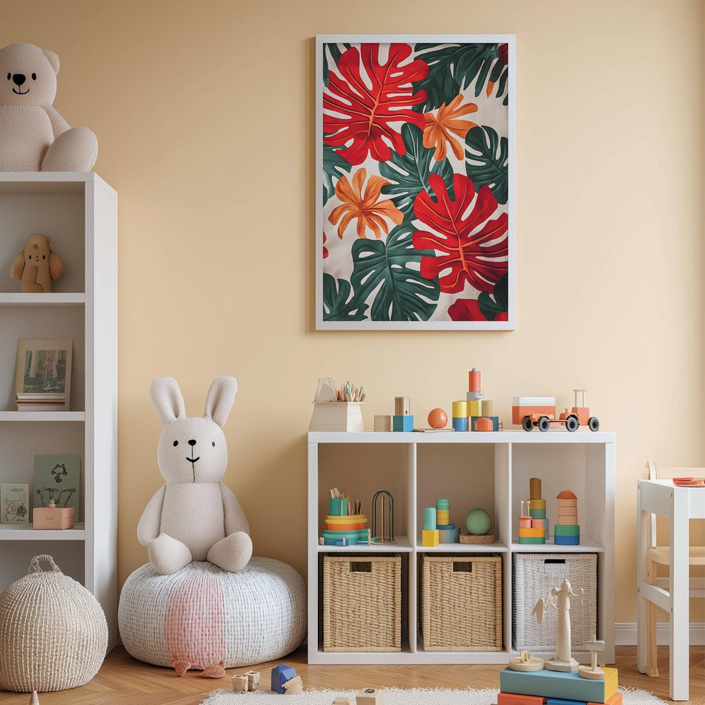 A cozy and colorful children's bedroom with a large stuffed rabbit, a bookshelf, and a toy chest filled with toys. The walls are painted a light peach color, and there is a framed print of tropical leaves hanging on the wall.