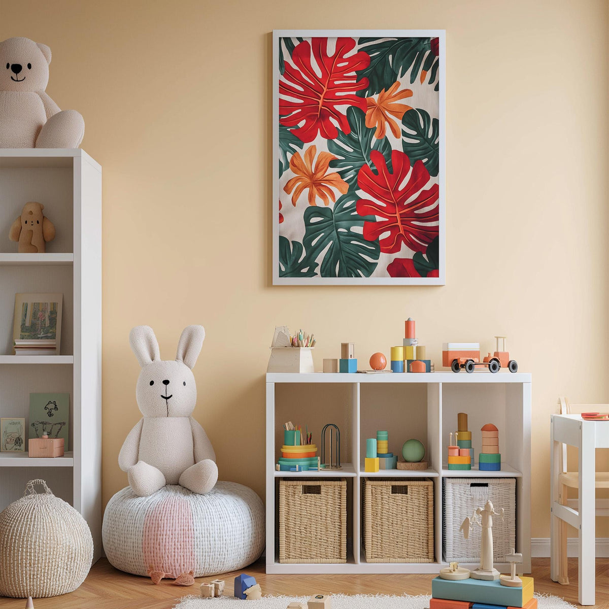 A cozy and colorful children's bedroom with a large stuffed rabbit, a bookshelf, and a toy chest filled with toys. The walls are painted a light peach color, and there is a framed print of tropical leaves hanging on the wall.