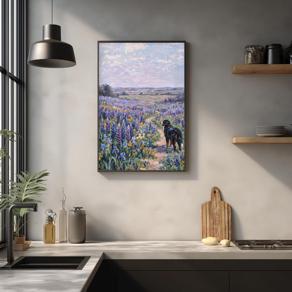 a framed painting of a dog walking through a field of flowers, hanging on a wall above a kitchen counter.