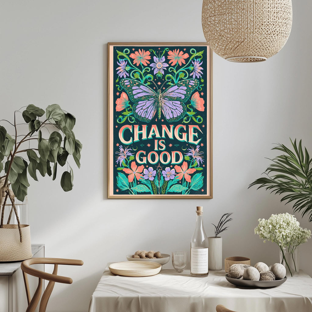 a framed poster with a butterfly and flowers, hanging on a wall above a table with various items on it.