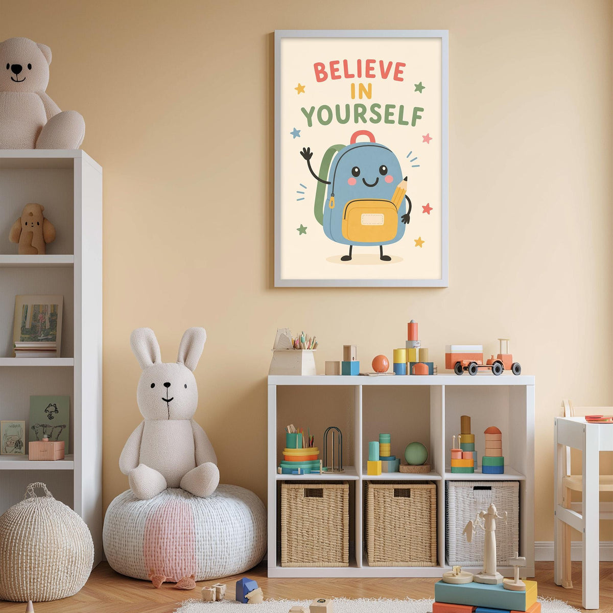 A child's bedroom with a bookshelf, stuffed animals, and a poster with a cartoon character.